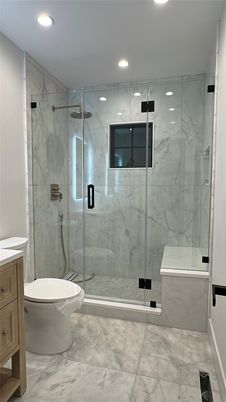 Bathroom, Glass Shower, Interior, Marble, Marble Walls, Recessed Lighting