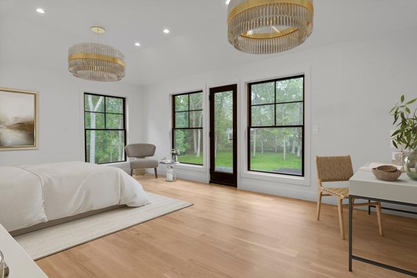 Bedroom, Chandelier, Interior, Recessed Lighting, Wood Texture Flooring