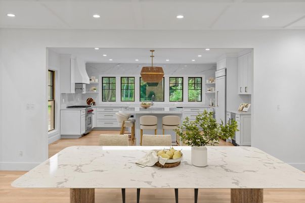 Dining room, Interior, Kitchen, Marble Walls, Recessed Lighting, Wood Texture Flooring