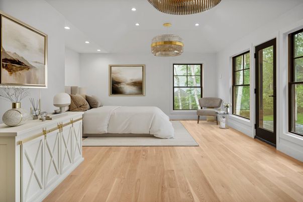 Bedroom, Chandelier, Interior, Recessed Lighting, Wood Texture Flooring