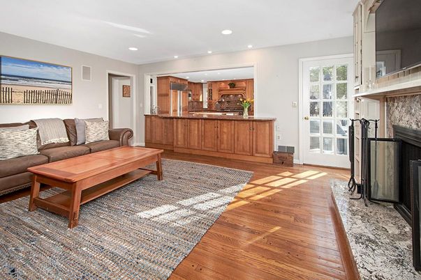 Fireplace, Interior, Kitchen, Living room, Recessed Lighting, Wood Texture Flooring