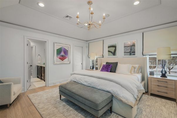 Bedroom, Chandelier, Interior, Recessed Lighting, Wood Texture Flooring