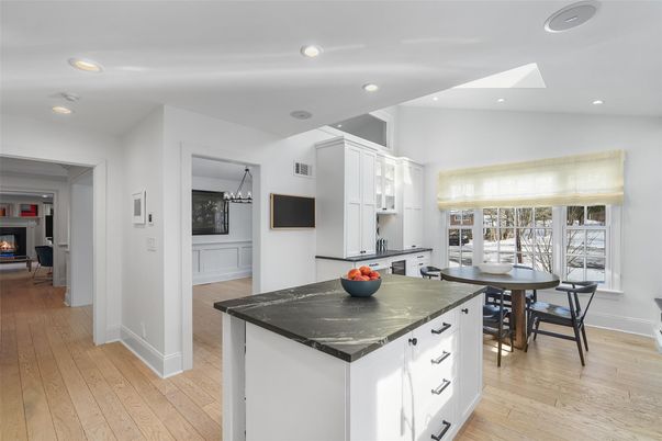 Dining room, Fireplace, Interior, Kitchen, Recessed Lighting, Wood Texture Flooring