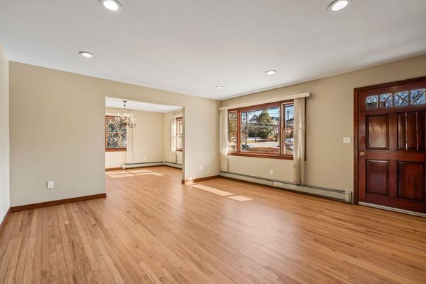 Chandelier, Empty room, Interior, Recessed Lighting, Wood Texture Flooring