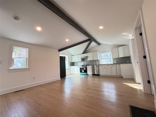 Interior, Kitchen, Recessed Lighting, Stainless Steel Appliances, Wooden Beams, Wood Texture Flooring