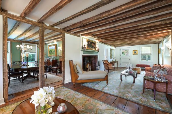 Dining room, Fireplace, Interior, Living room, Wooden Beams, Wood Texture Flooring