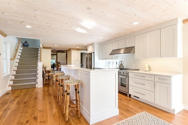 Dining room, Interior, Kitchen, Recessed Lighting, Stainless Steel Appliances, Wood Texture Flooring