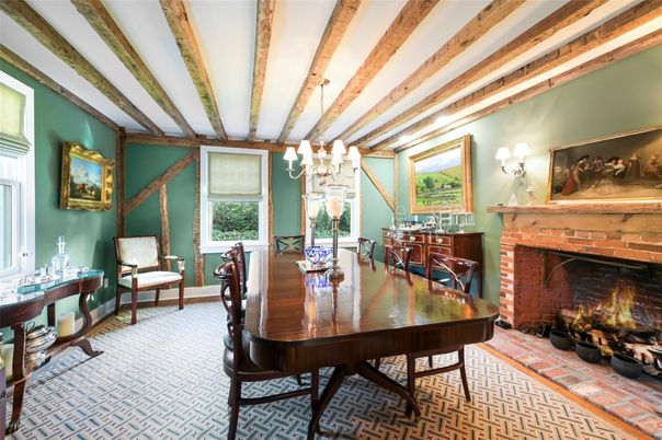 Chandelier, Dining room, Fireplace, Interior, Piano, Wooden Beams