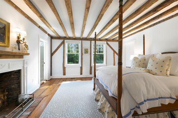 Bedroom, Fireplace, Interior, Wooden Beams, Wood Texture Flooring