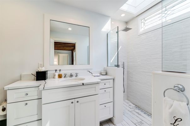 Bathroom, Dual Sink Vanities, Glass Shower, Interior, Marble, Recessed Lighting