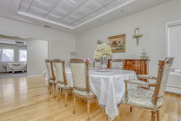 Dining room, Interior, Recessed Lighting, Wood Texture Flooring