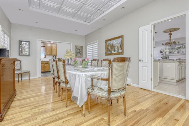 Dining room, Interior, Recessed Lighting, Wood Texture Flooring