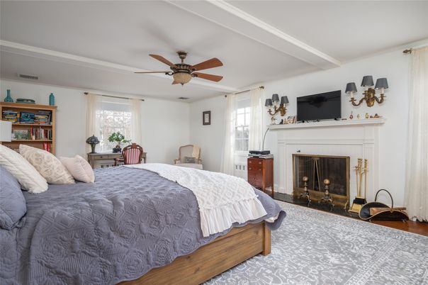 Bedroom, Fireplace, Interior, Wood Texture Flooring