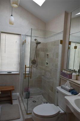 Bathroom, Glass Shower, Interior, Pendant Lights, Stone Walls