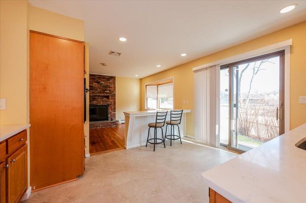 Fireplace, Interior, Recessed Lighting, Stone Walls, Wood Texture Flooring