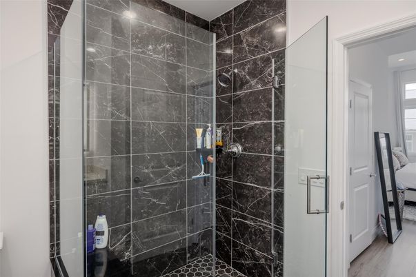 Bathroom, Glass Shower, Interior, Marble Walls, Recessed Lighting