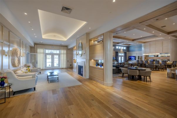Dining room, Fireplace, Interior, Living room, Pendant Lights, Recessed Lighting, Wood Texture Flooring
