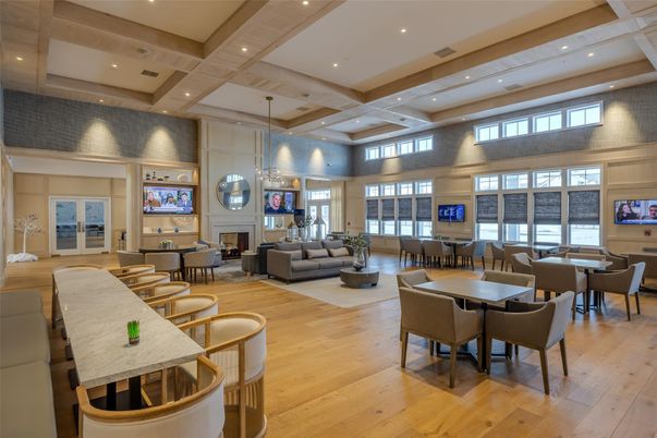 Dining room, Fireplace, Interior, Living room, Pendant Lights, Recessed Lighting, Wood Texture Flooring