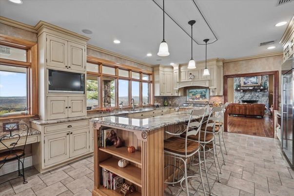 Fireplace, Interior, Kitchen, Living room, Pendant Lights, Recessed Lighting, Wood Texture Flooring