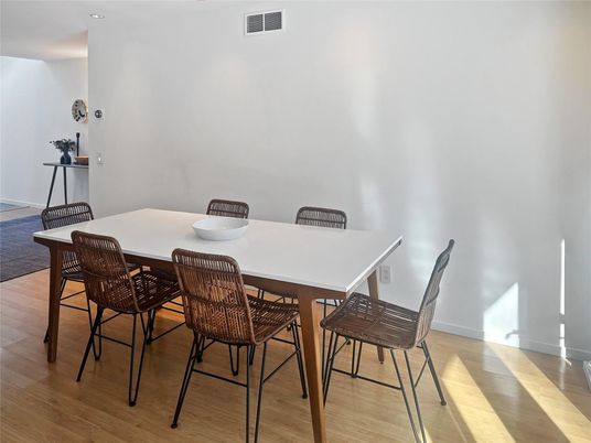 Dining room, Interior, Recessed Lighting, Wood Texture Flooring