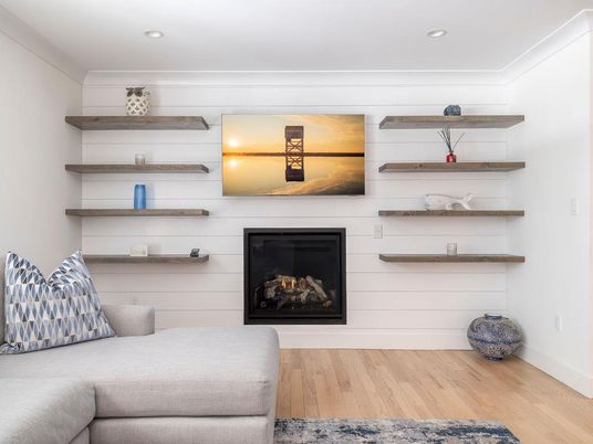 Fireplace, Interior, Recessed Lighting, Wood Texture Flooring