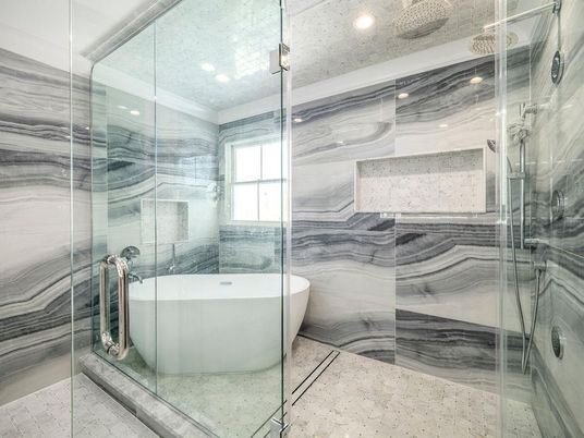 Bathroom, Free Standing Baths, Glass Shower, Interior, Recessed Lighting