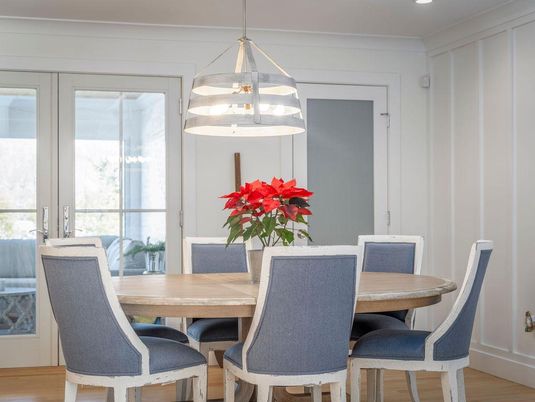 Dining room, Interior, Pendant Lights, Recessed Lighting, Wood Texture Flooring