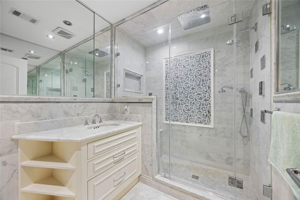 Bathroom, Glass Shower, Interior, Marble, Marble Walls, Recessed Lighting