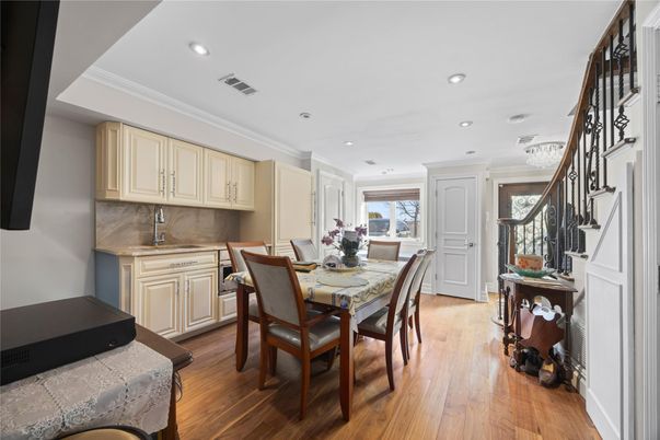 Dining room, Interior, Recessed Lighting, Wood Texture Flooring