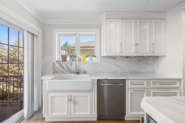 Interior, Kitchen, Marble Walls, Stainless Steel Appliances, Wood Texture Flooring
