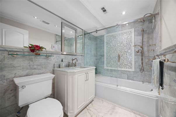 Bathroom, Glass Shower, Interior, Marble, Marble Walls, Recessed Lighting