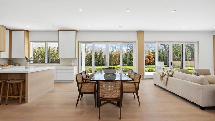 Dining room, Interior, Kitchen, Living room, Recessed Lighting, Wood Texture Flooring