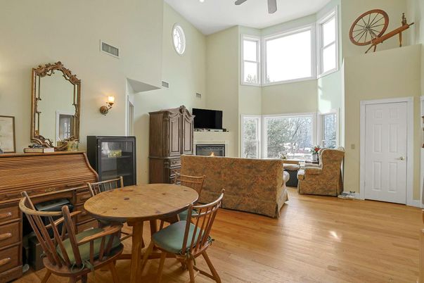 Dining room, Fireplace, Interior, Living room, Wood Texture Flooring
