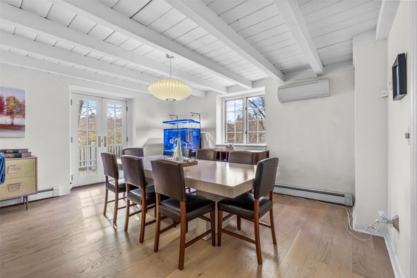 Dining room, Interior, Pendant Lights, Wood Texture Flooring