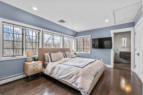 Bedroom, Interior, Recessed Lighting, Wood Texture Flooring