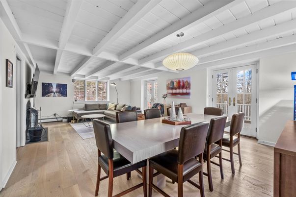 Dining room, Fireplace, Interior, Living room, Pendant Lights, Wood Texture Flooring