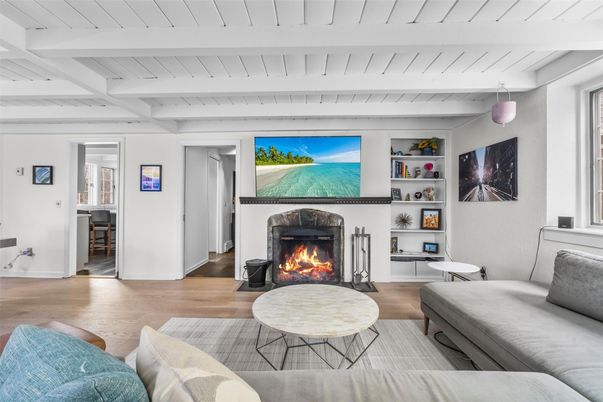 Fireplace, Interior, Living room, Pendant Lights, Wood Texture Flooring
