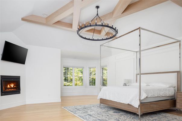 Bedroom, Fireplace, Interior, Pendant Lights, Wood Texture Flooring