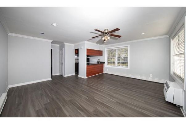 Empty room, Interior, Kitchen, Recessed Lighting, Wood Texture Flooring