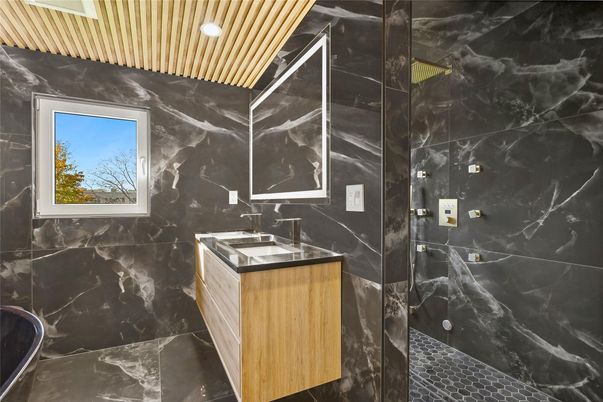 Bathroom, Interior, Marble Walls, Recessed Lighting