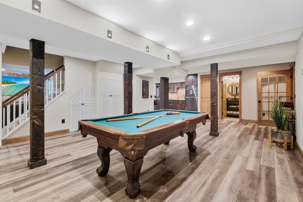 Billiard Table, Game Room, Interior, Recessed Lighting, Wood Texture Flooring