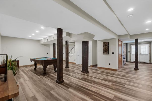 Billiard Table, Game Room, Interior, Recessed Lighting, Wood Texture Flooring