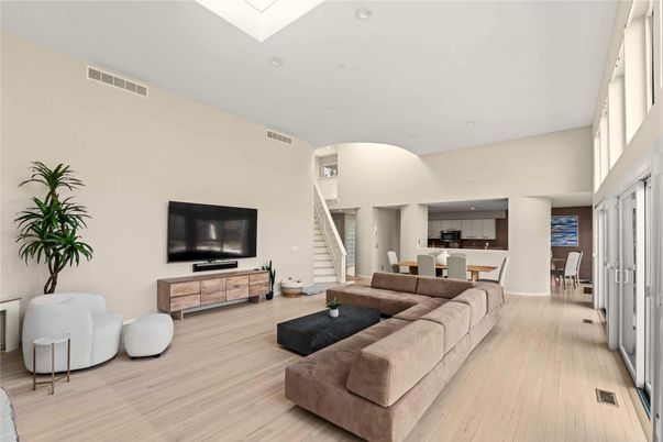 Dining room, Interior, Living room, Recessed Lighting, Wood Texture Flooring