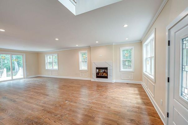 Empty room, Fireplace, Interior, Recessed Lighting, Wood Texture Flooring