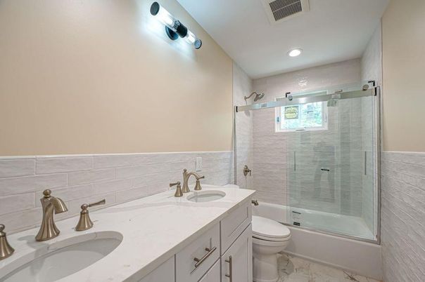 Bathroom, Dual Sink Vanities, Glass Shower, Interior, Marble, Recessed Lighting