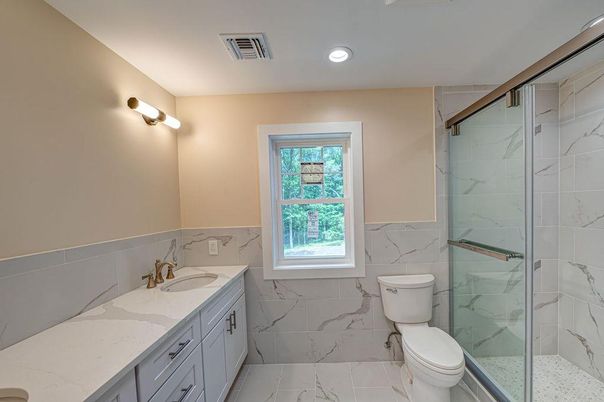 Bathroom, Glass Shower, Interior, Marble, Marble Walls, Recessed Lighting