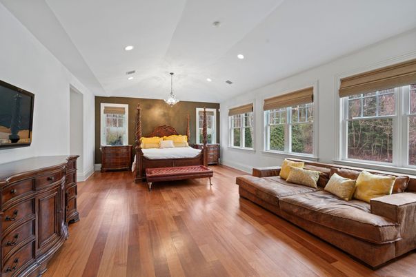 Bedroom, Interior, Pendant Lights, Recessed Lighting, Wood Texture Flooring