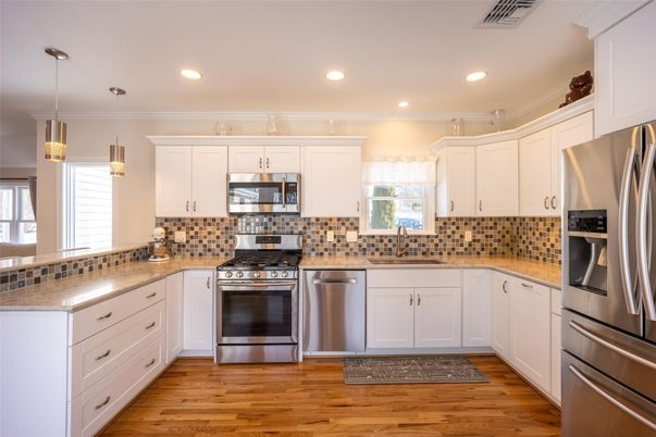 Interior, Kitchen, Pendant Lights, Recessed Lighting, Stainless Steel Appliances, Wood Texture Flooring