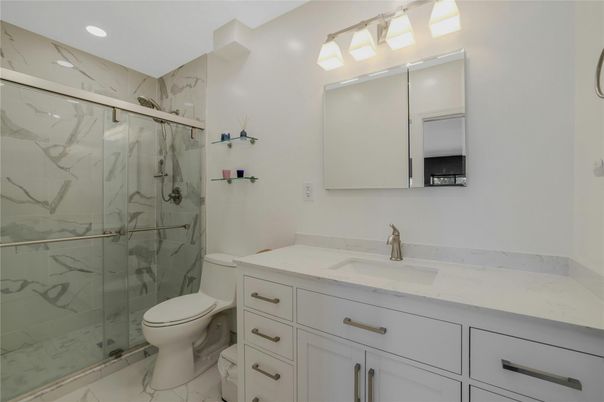 Bathroom, Glass Shower, Interior, Marble, Marble Walls, Recessed Lighting