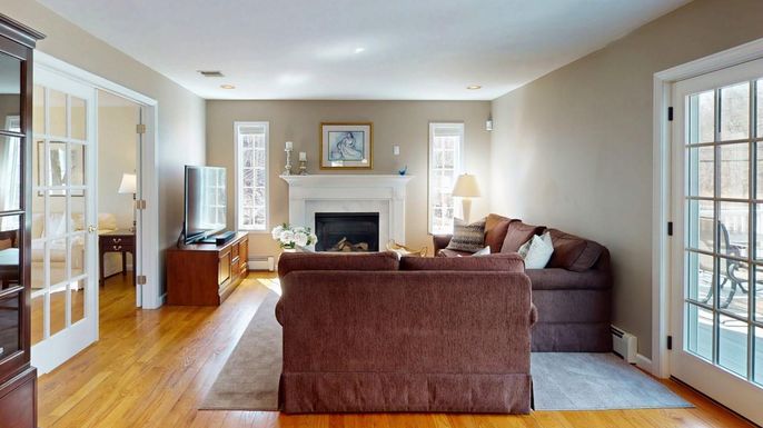 Fireplace, Interior, Living room, Recessed Lighting, Wood Texture Flooring